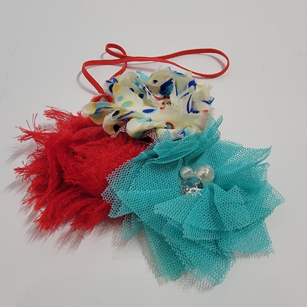 Blue, Red and Multi-Colored Jeweled Faux Flowered Elastic Ribboned Headband